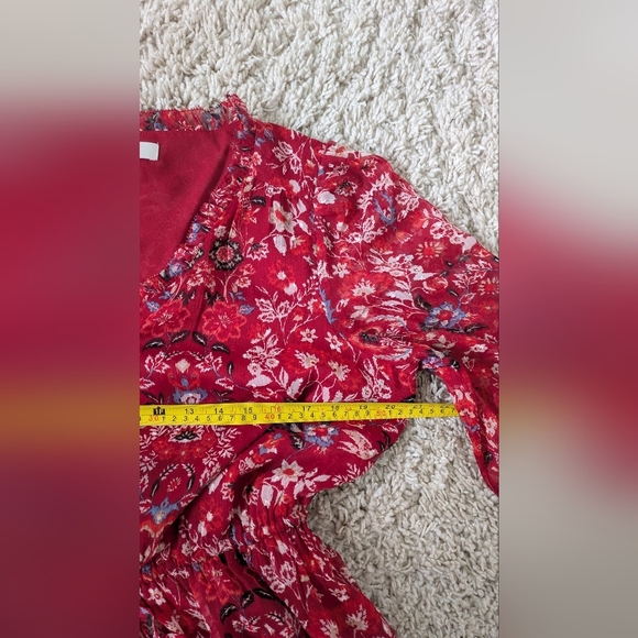 Loft Clip Floral Boho Red Chiffon Midi Dress, Size L, long Sleeves, V-neck - Picture 4 of 13